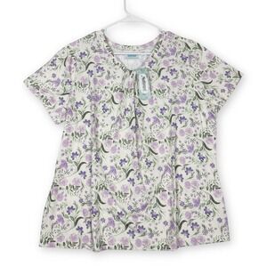 National Floral Short Sleeve Top Purple Green V-Neck Petite XL 23753 New